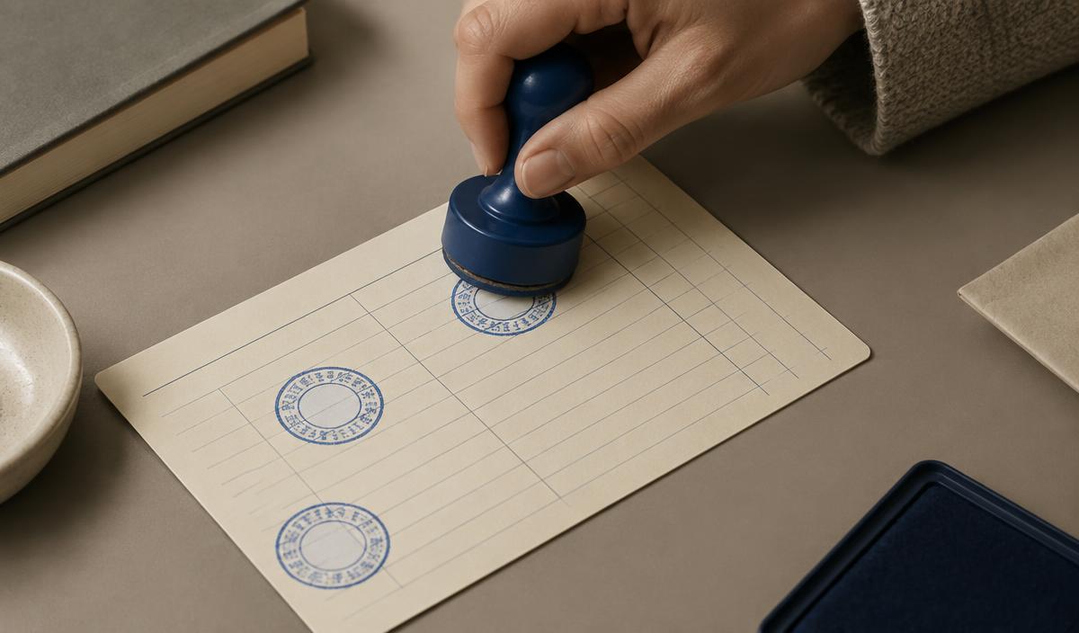 Mano sellando una tarjeta de horas con tinta azul