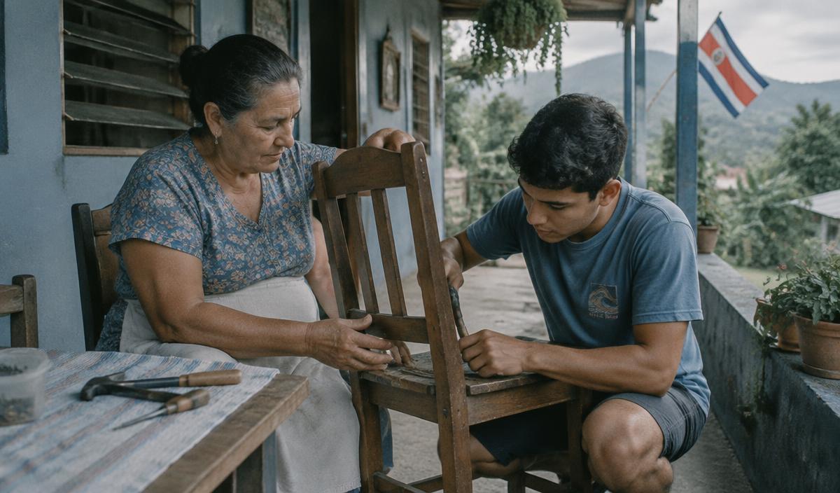Vecina y vecino reparando una silla en un corredor